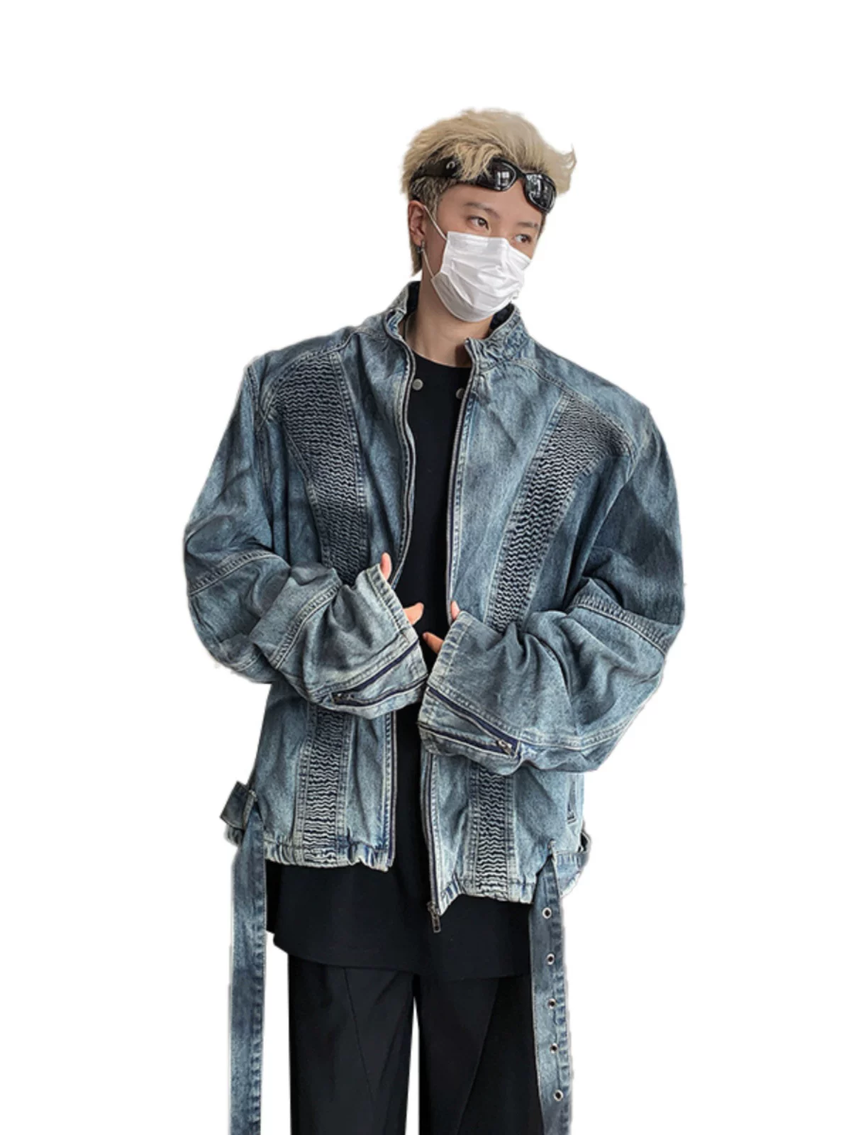Áo khoác denim nam có đệm vai và khóa kéo, thiết kế thời trang xuân thu, kiểu dáng rộng ngắn phong cách đường phố Mỹ.