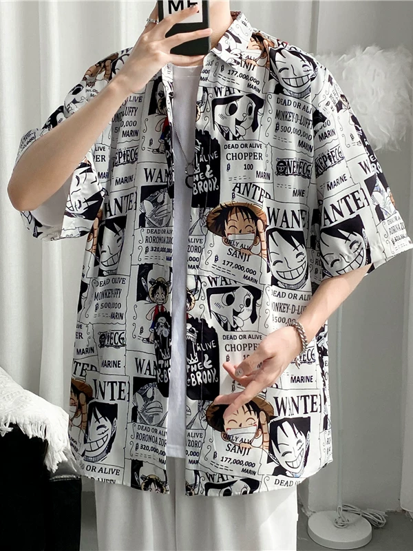 Áo sơ mi in họa tiết hoạt hình dành cho nam, áo sơ mi ngắn tay phong cách Nhật Bản hợp thời trang mùa hè, áo khoác dáng rộng thiết kế độc đáo dành cho cặp đôi.