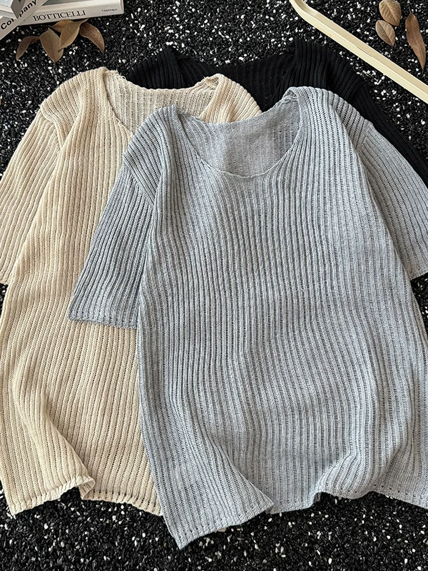 Áo thun nam tay ngắn dệt kim sọc khoét lỗ, áo thun nửa tay rộng rãi hợp thời trang mùa hè, áo chống nắng kiểu Mỹ dành cho cặp đôi.