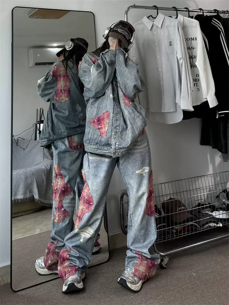 Áo khoác denim rách phối ren nặng chất liệu bền chắc dành cho nam, thiết kế độc đáo phong cách Mỹ, bộ áo khoác và quần denim dáng rộng.