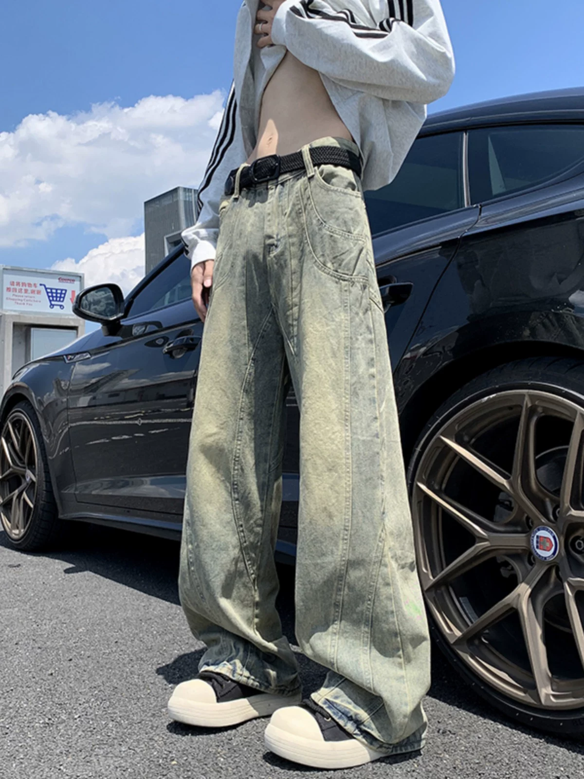 Quần jean nam nhuộm màu bùn vàng, quần phong cách retro Mỹ thời thượng mùa xuân thu, dáng rộng high street, hơi loe, quần dài dáng cong.