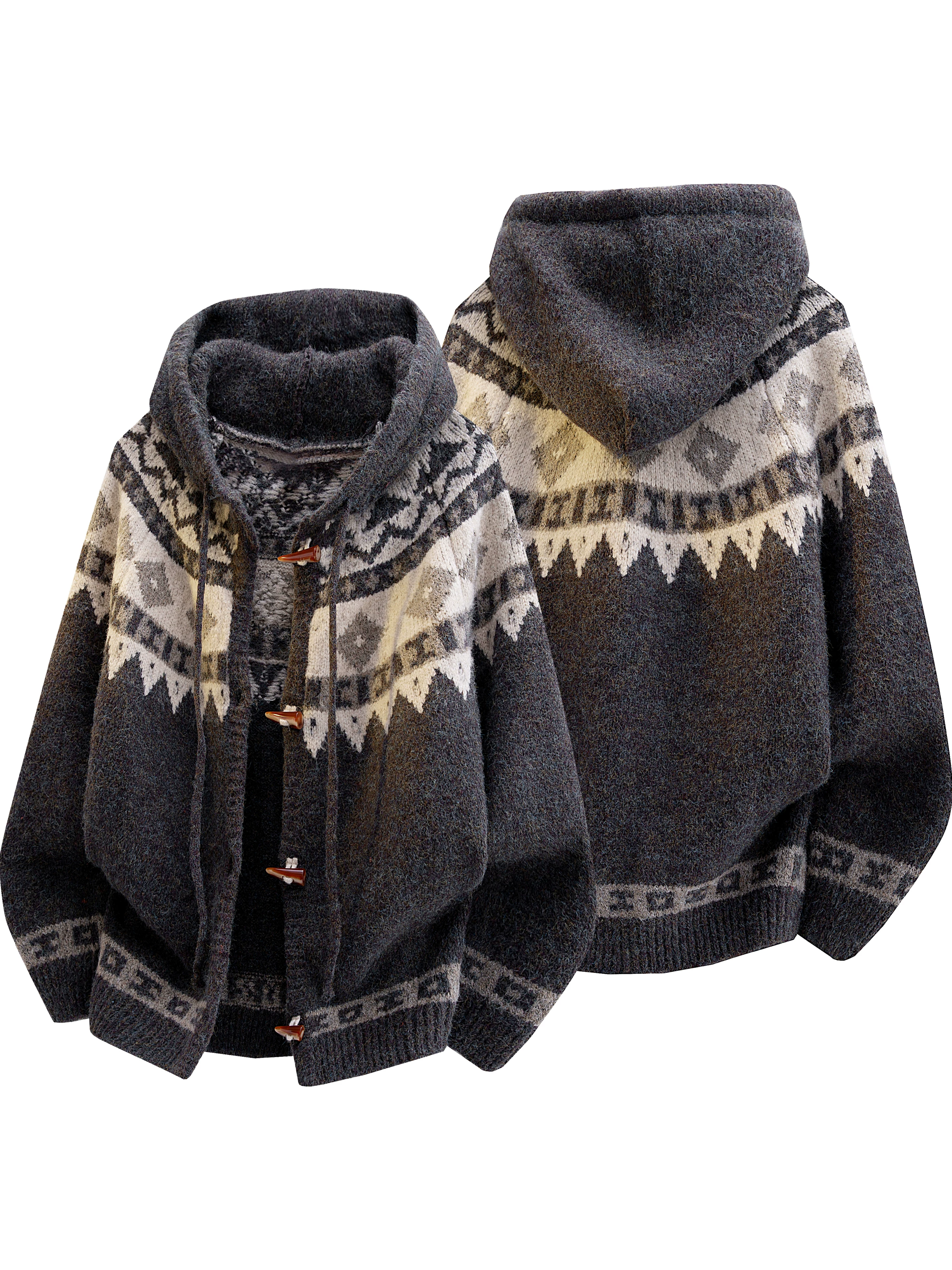 Áo len cardigan Jacquard dành cho nam, thương hiệu thời trang mùa đông, áo len dệt kim dày có mũ, áo khoác len Fair Isle phong cách retro Mỹ.