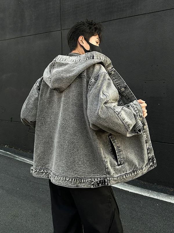 Áo khoác denim có mũ trùm đầu, chất liệu dày dặn, thích hợp cho mùa xuân và mùa thu, kiểu dáng thời trang, rộng rãi, phong cách Mỹ cổ điển dành cho nam giới.