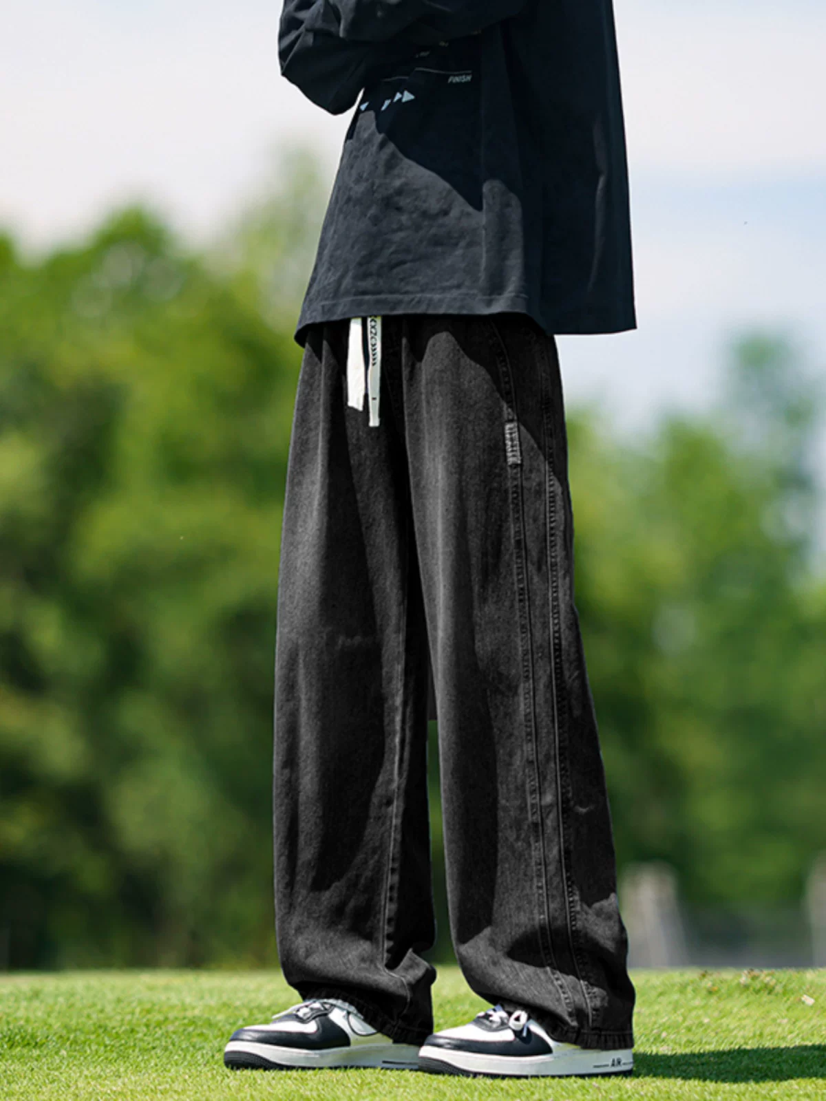 Quần jeans ống đứng dây rút nam hè 2025 kiểu mới đa năng phong cách học sinh Mỹ thời thượng, chất liệu washed, quần dài mặc thường ngày