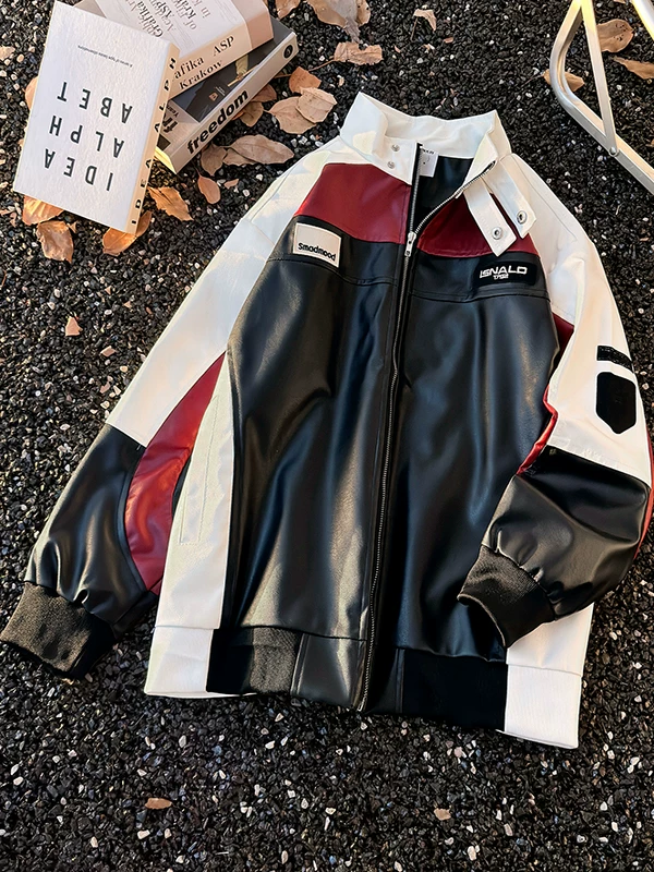 Áo khoác mô tô kiểu Mỹ dành cho nam, áo khoác da PU phối màu phong cách thu đông, áo cổ đứng thời thượng, cá tính.