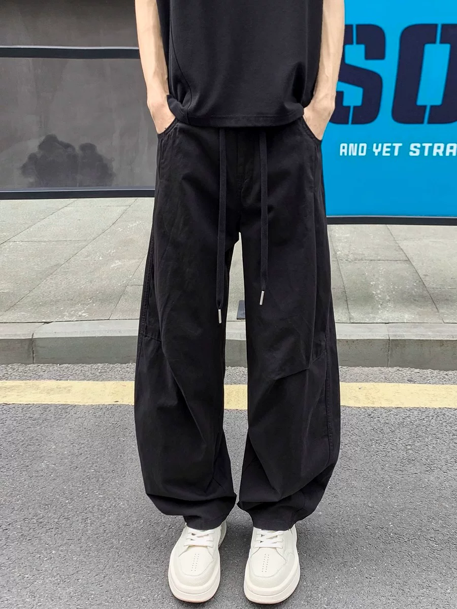 Quần jean xếp ly phong cách retro Mỹ dành cho nam, quần ống đứng phối vải theo xu hướng mùa thu, quần ống rộng phong cách đường phố.