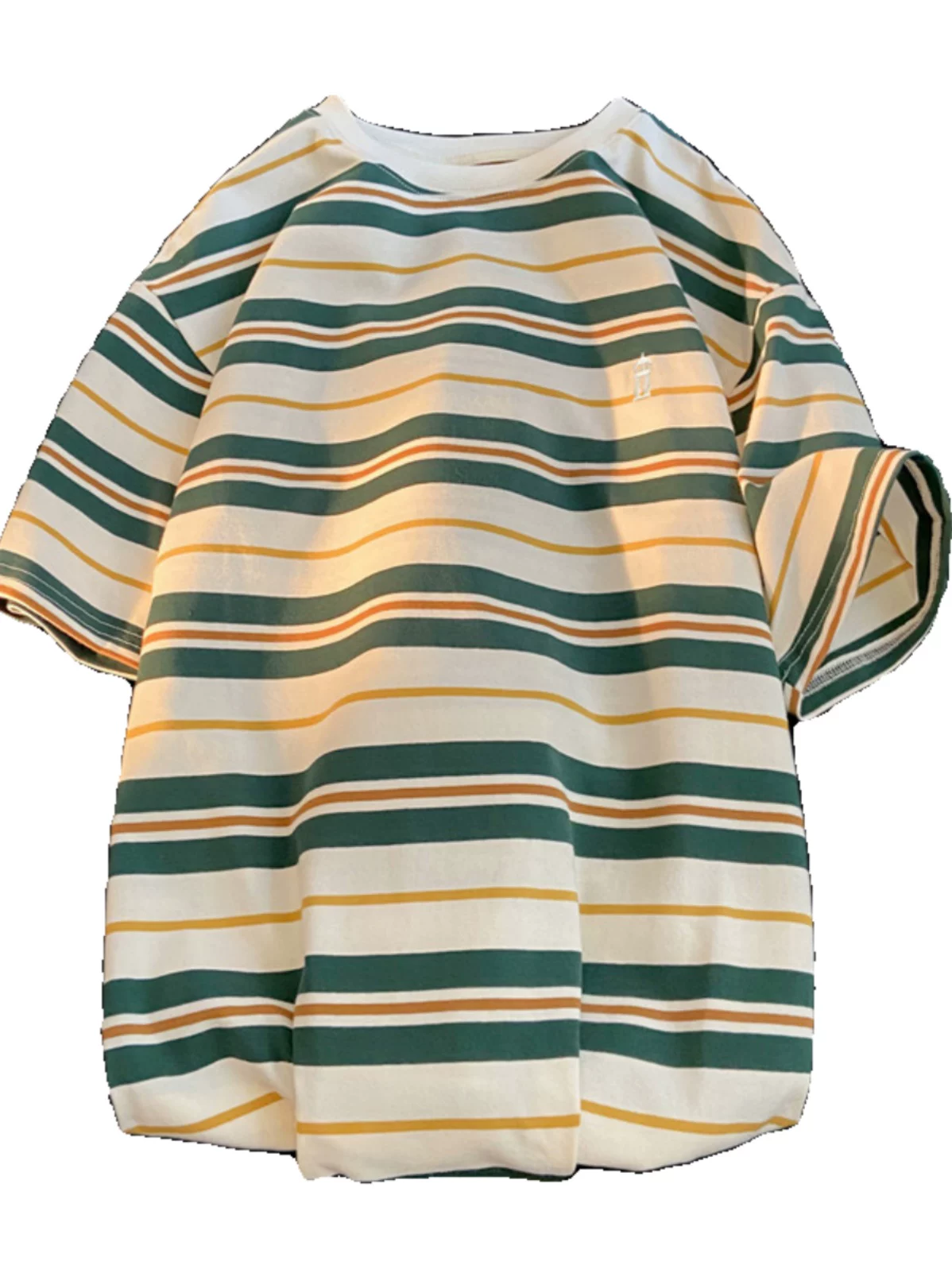 Áo thun nam tay ngắn thêu sọc, áo thun cotton nguyên chất mùa hè dáng rộng, áo thun phong cách đại học retro Mỹ thời thượng.