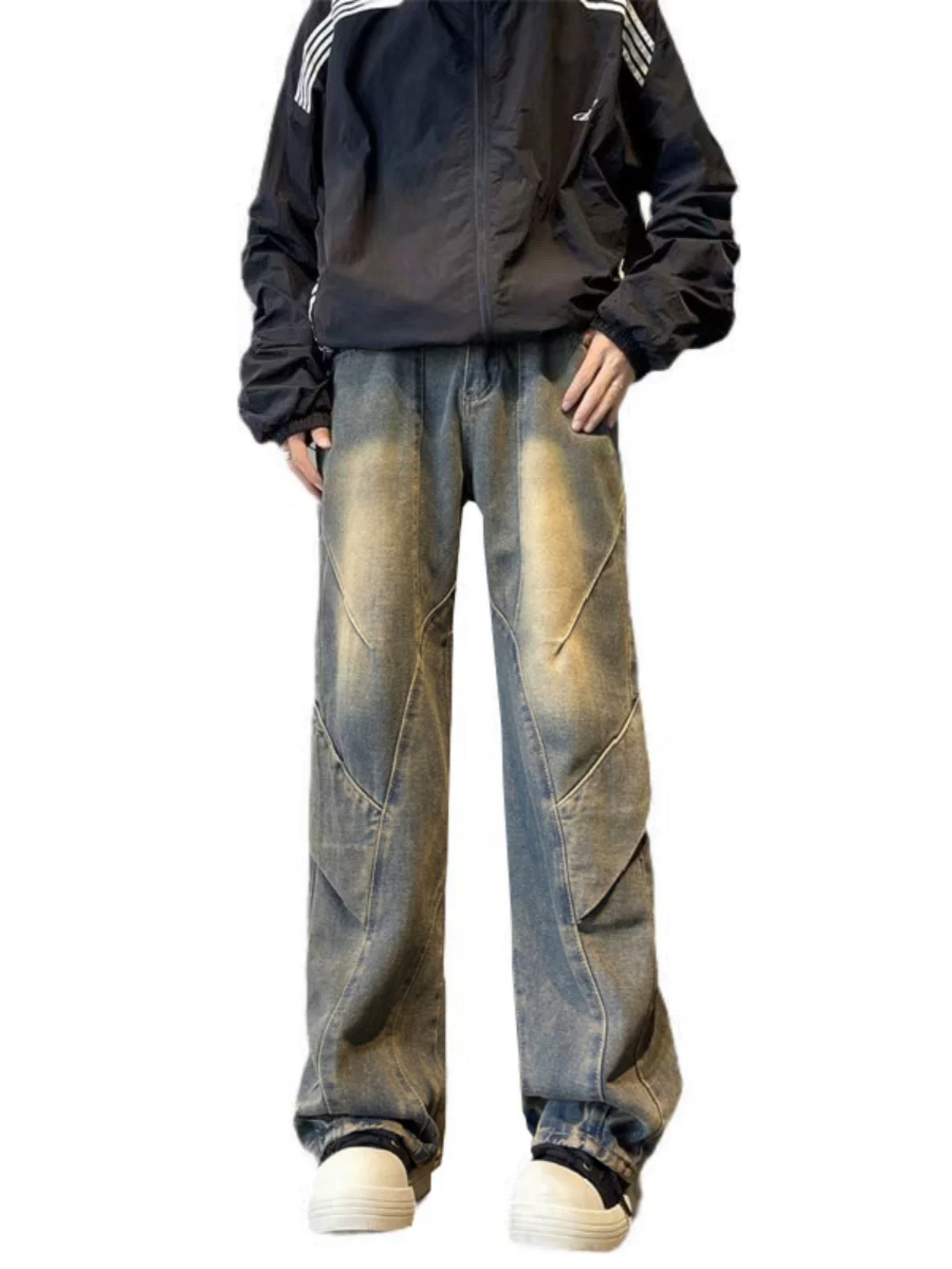 Quần jean denim chắp vá nặng chất liệu dày dặn dành cho nam, quần phong cách Mỹ thời thượng, thiết kế rộng rãi hơi loe, thích hợp cho mùa xuân và mùa thu.