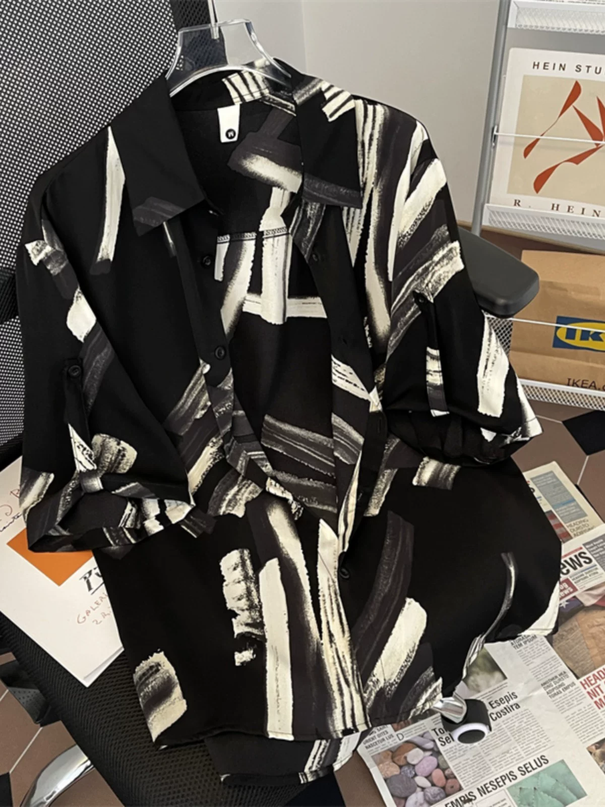 Áo sơ mi nhuộm tie-dye thiết kế dành cho nam, áo sơ mi mùa hè tay ngắn chất liệu lụa đá mát mẻ, kiểu dáng rộng rãi thời trang phong cách Hàn Quốc.