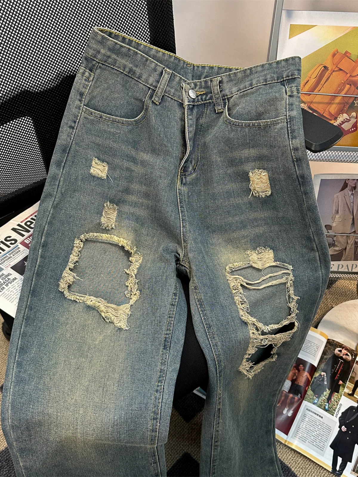 Quần jeans rách nam mùa xuân thu phong cách Mỹ retro thời thượng thương hiệu hip-hop, quần ống rộng vintage giặt mài