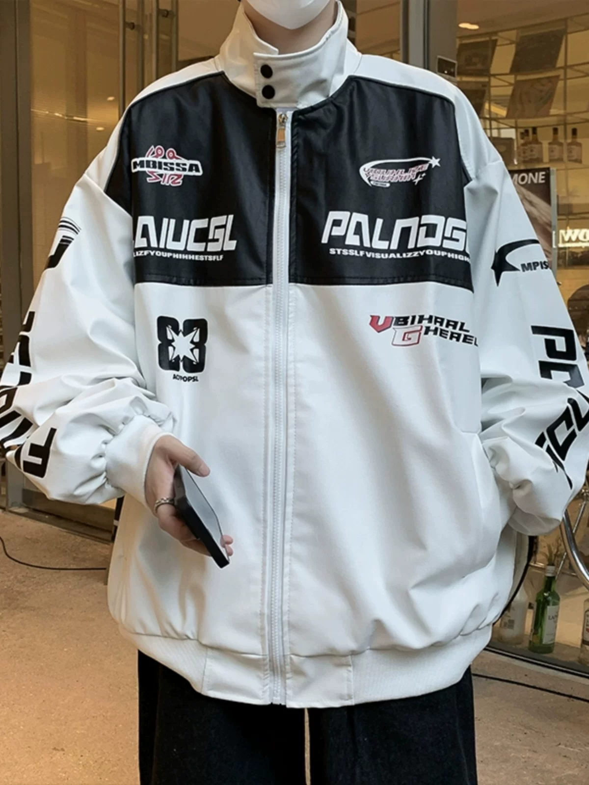 Áo khoác da PU in họa tiết phối màu dành cho nam, áo khoác da kiểu dáng rộng cổ đứng phong cách mùa thu, áo khoác cao cấp thời thượng kiểu Mỹ.