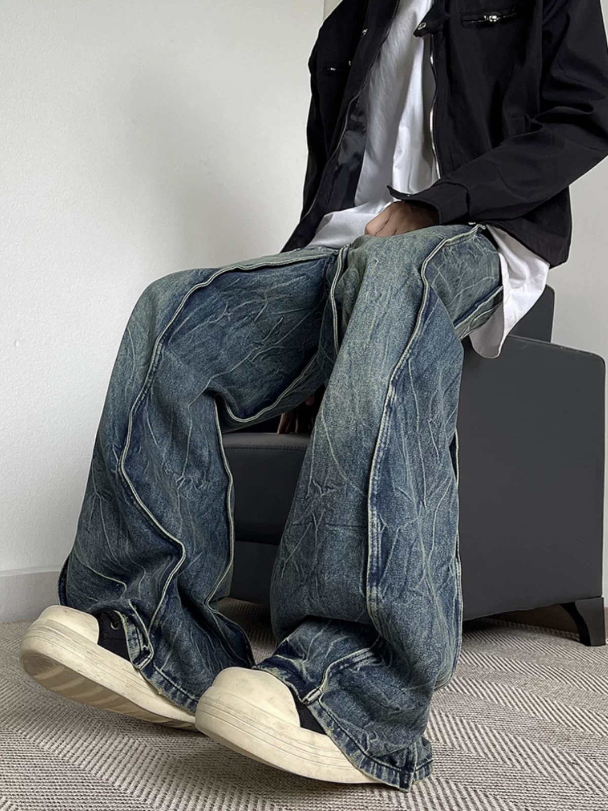 Quần jean oversized phối vải nhiều mảnh, chất liệu dày dặn dành cho nam và nữ, phong cách đường phố Mỹ, quần rách, quần dài ống rộng loe thời trang xuân thu.