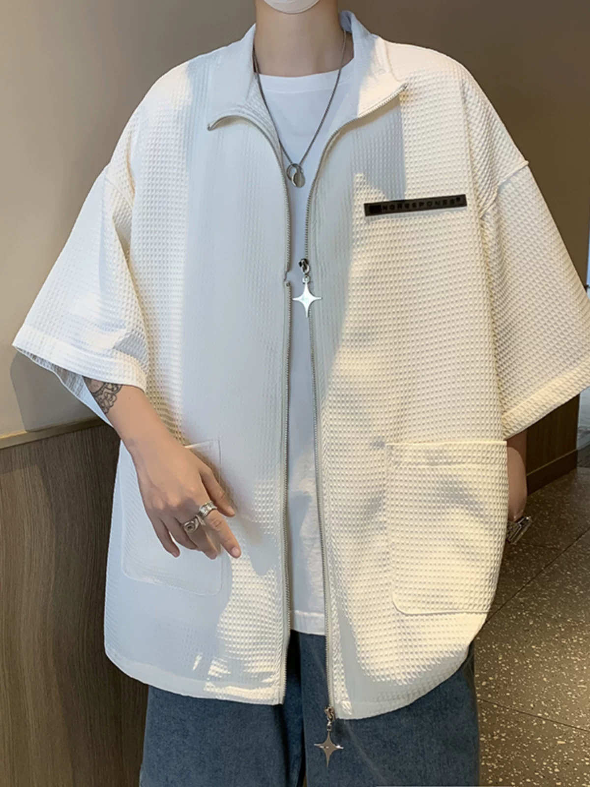 Áo sơ mi nam tay ngắn có khóa kéo đôi, kiểu dáng thời trang mùa hè, chất liệu vải waffle, thiết kế rộng rãi phong cách đường phố Mỹ, áo khoác đôi.