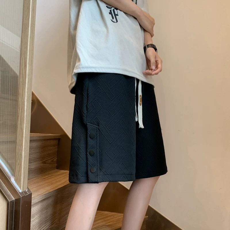Quần short thể thao có cúc cho nam, quần jacquard thời trang phong cách Hồng Kông, quần short năm điểm dáng rộng thoải mái mùa hè.