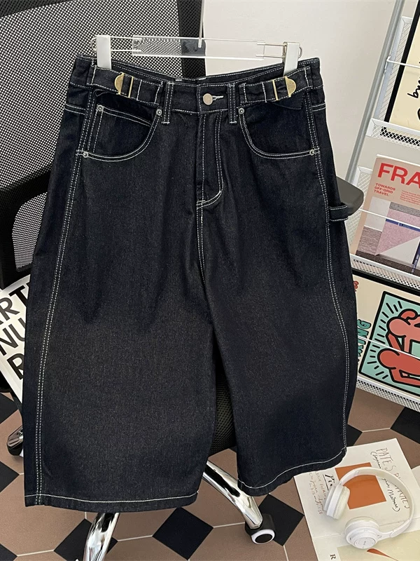 Quần short nam kiểu Mỹ retro, thời trang đường phố, dáng rộng, ống rộng, mùa hè 2025, quần dài vừa phải, kiểu dáng mới.