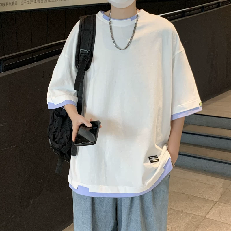 Áo thun giả hai mảnh tay ngắn dành cho nam, phong cách Hồng Kông, áo nửa tay rộng rãi hợp thời trang, áo thun tay lửng mùa hè sành điệu.