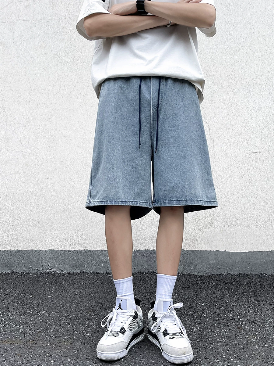 Quần short denim kiểu Mỹ mùa hè dành cho nam, thương hiệu thời trang Nhật Bản, quần ống rộng dáng thẳng năm phần, quần dài vừa ống rộng phong cách cá tính.
