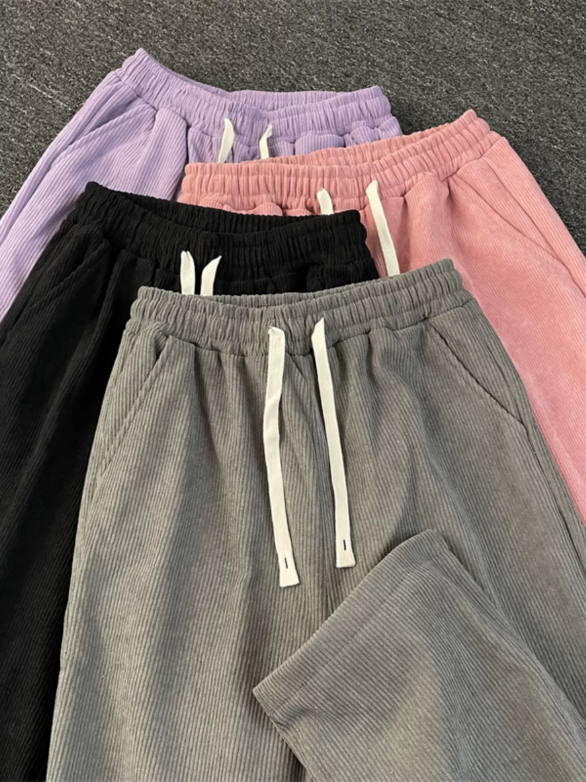 Quần nhung kẻ sọc dáng suông cho nam, mùa thu đông, lót lông cừu và dày dặn, quần thường ngày cho cặp đôi, phong cách Mỹ thời thượng, quần dài ống thẳng đa năng.