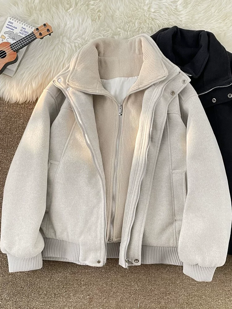 Áo khoác hai mảnh mùa xuân thu dành cho nam, phong cách thời thượng, thiết kế cá tính, áo khoác len dáng rộng kiểu Mỹ.