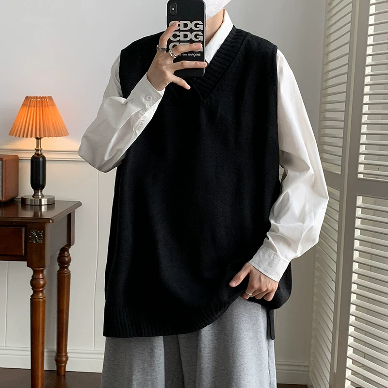 Áo vest dệt kim màu cà phê cổ điển dành cho nam, áo khoác ngoài mùa thu đông, áo len không tay dáng rộng hợp thời trang phong cách Hồng Kông dành cho cặp đôi.
