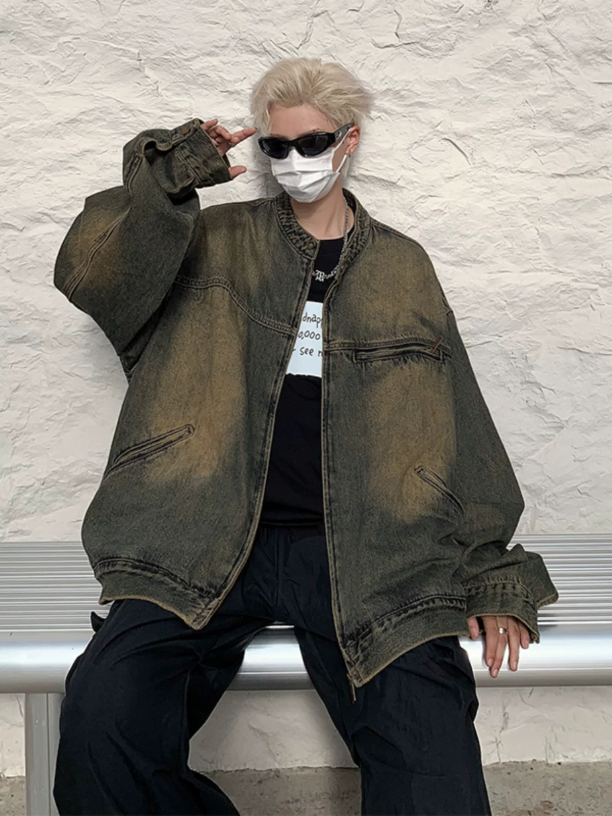 Áo khoác denim phong cách retro Mỹ, thương hiệu thời thượng mùa thu, dáng rộng, giặt mài tạo hiệu ứng cũ, áo khoác cổ đứng cá tính dành cho nam.