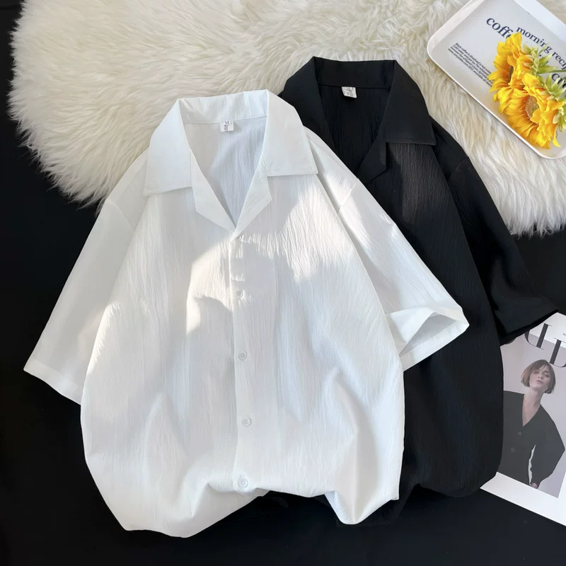 Áo sơ mi lụa xếp ly nam tay ngắn kiểu Nhật dáng rộng cổ Cuba thiết kế hợp thời trang mùa hè mát mẻ