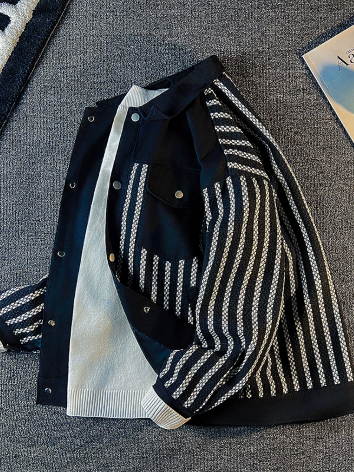 Áo khoác kiểu Chanel phối vải dành cho nam, áo khoác kiểu Mỹ phong cách đường phố, áo khoác rộng rãi hợp thời trang cho mùa xuân và mùa thu.