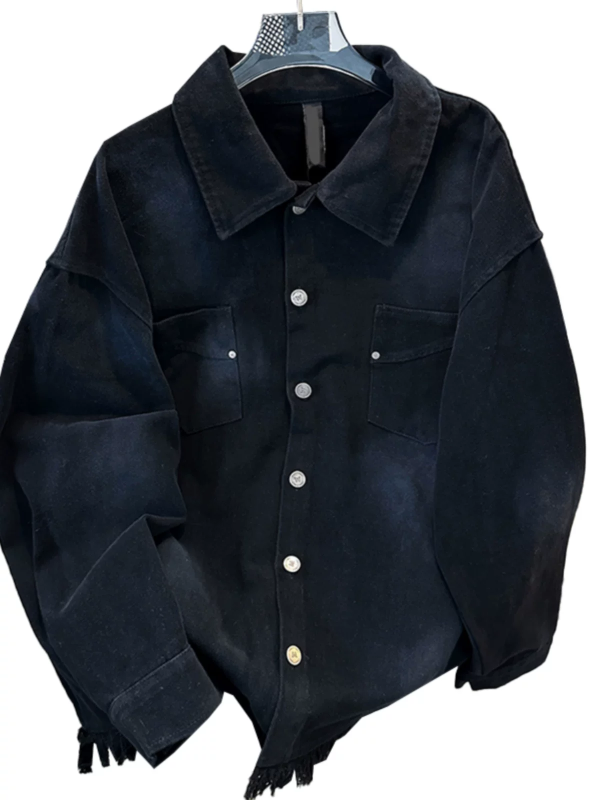 Áo khoác denim in chữ, kiểu dáng rách cá tính dành cho nam, áo khoác kiểu Mỹ thời thượng mùa xuân thu, áo khoác rộng rãi, phong cách công sở cá tính.
