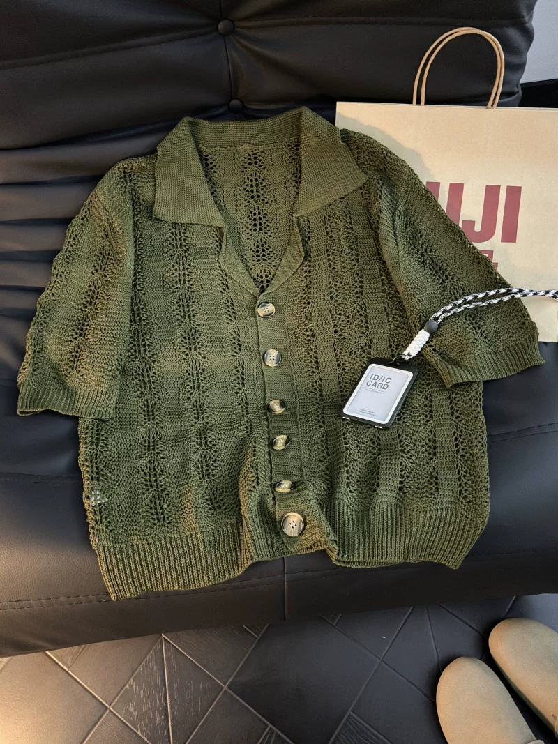 Áo sơ mi dệt kim ngắn tay thoáng khí mùa hè dành cho nam, áo cardigan dáng rộng thương hiệu thời thượng, áo thun nửa tay phong cách Mỹ.