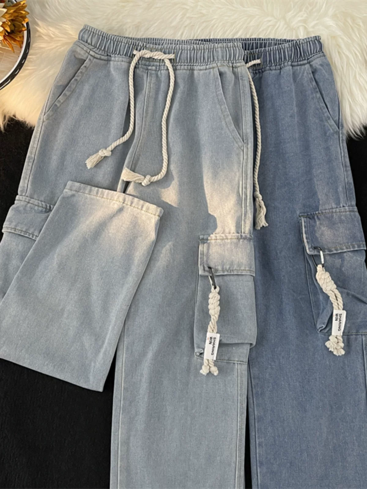 Quần jean công sở có dây rút dành cho nam, mùa xuân thu, quần âu kiểu Mỹ cổ điển, thương hiệu thời thượng, quần ống rộng đa năng.