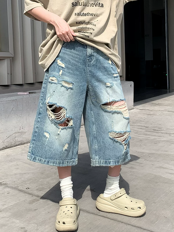Quần short denim rách unisex thời trang, dáng rộng, ống thẳng, kiểu Mỹ, phong cách đường phố cá tính, quần ống rộng dài ngang gối