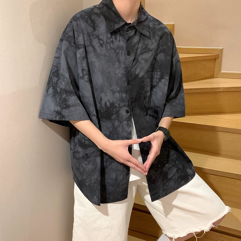 Áo sơ mi ngắn tay nhuộm màu cho nam, phong cách Hồng Kông, dáng rộng, áo sơ mi nửa tay, thời trang mùa hè Hàn Quốc, hợp thời trang, áo khoác thường ngày sành điệu.