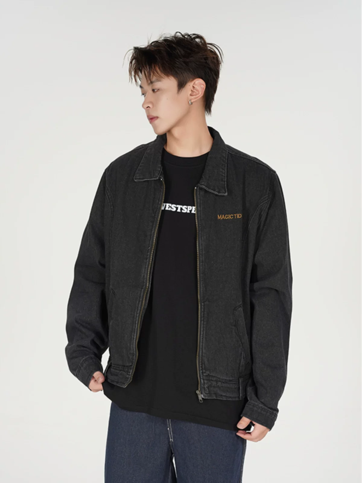 Áo khoác denim cleanfit phong cách đường phố Mỹ dành cho nam, áo khoác ngắn thời trang dáng rộng, áo khoác ngắn thường ngày cho cặp đôi mùa xuân thu.