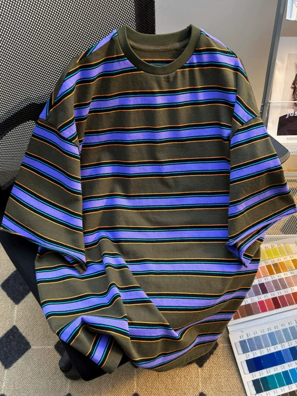 Áo thun sọc ngắn tay cho nam, thương hiệu thời trang mùa hè, dáng rộng, áo thun nửa tay cho cặp đôi, áo đôi phong cách retro Mỹ.