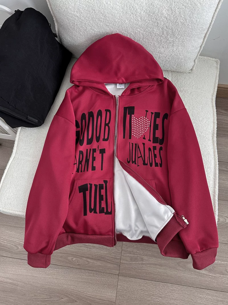 Áo khoác cardigan in chữ kiểu Mỹ dành cho nam, áo khoác có khóa kéo dáng rộng mùa xuân thu, áo khoác thiết kế đính đá thời trang.