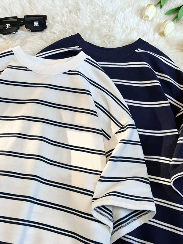 Áo thun nam tay ngắn sọc cotton nguyên chất, phong cách Nhật Bản và Hồng Kông mùa hè, dáng rộng, thương hiệu thời thượng, đa năng, áo đôi học sinh.