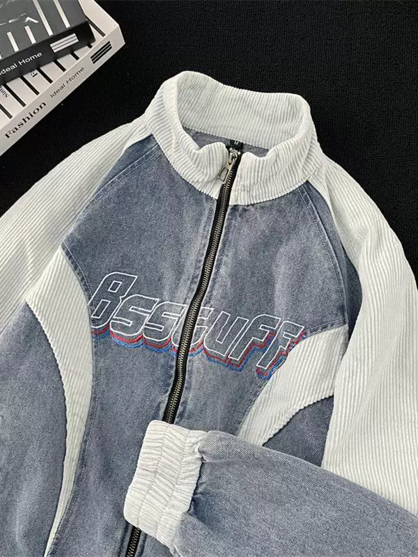 Áo khoác denim thêu phối vải dành cho nam, phong cách đường phố Mỹ cổ điển mùa xuân thu, kiểu dáng rộng rãi cổ đứng, áo khoác thương hiệu thời thượng.