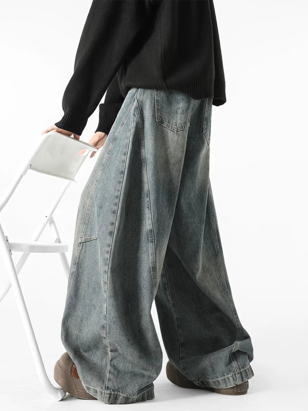 Quần jeans nam kiểu Mỹ cổ điển, thiết kế thương hiệu thời thượng thu đông mới, quần ống rộng dài chạm đất, kiểu dáng xước.