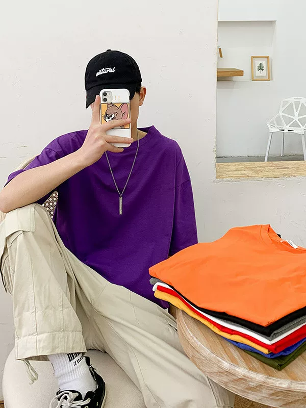 Áo thun ngắn tay học sinh nam nữ mùa hè, cotton trơn màu, cổ tròn rộng, áo thun nửa tay, áo lót trong phong cách Hàn Quốc thời thượng