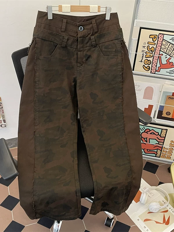 Quần jean nam cạp đôi họa tiết rằn ri, quần ống rộng dáng suông thời trang, quần dài phong cách workwear Mỹ cổ điển, thiết kế rách cá tính.