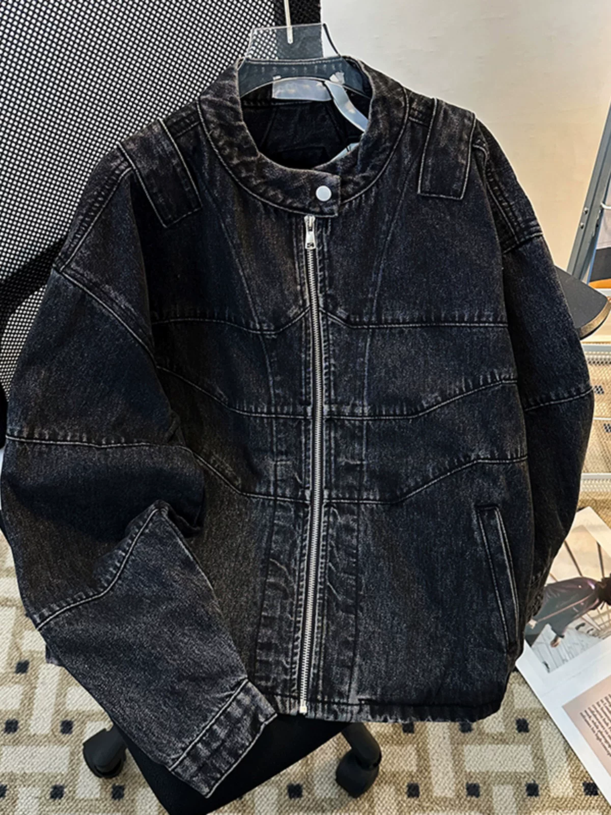 Áo khoác denim nam chất liệu dày dặn, phong cách Mỹ thời thượng, giặt mài vintage, dáng rộng, ngắn, mặc thường ngày cho mùa xuân và mùa thu.