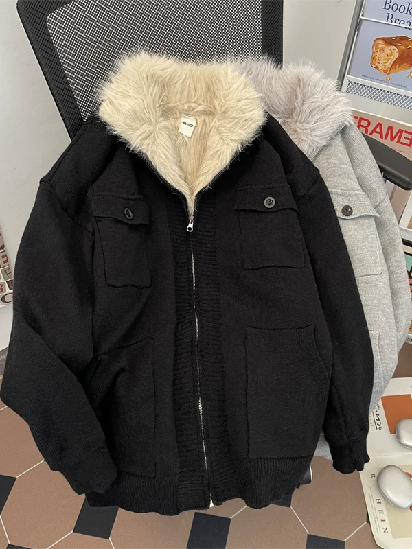Áo len cardigan Zuoshandiao dành cho nam, áo len dệt kim lông cừu ấm áp hợp thời trang mùa đông, áo khoác cổ đứng dày dặn lót lông cừu phong cách Mỹ.