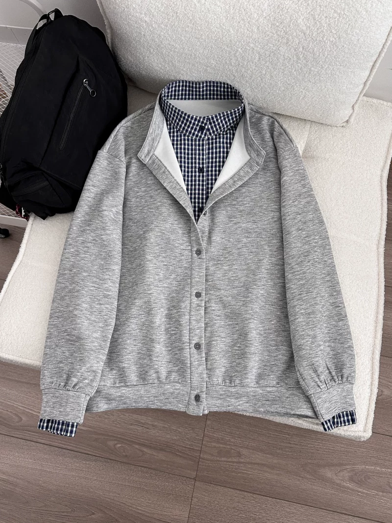 Áo khoác giả hai mảnh phong cách Mỹ dành cho nam và nữ, áo cardigan chắp vá kẻ sọc xuân thu, áo cao cấp dáng rộng hợp thời trang.