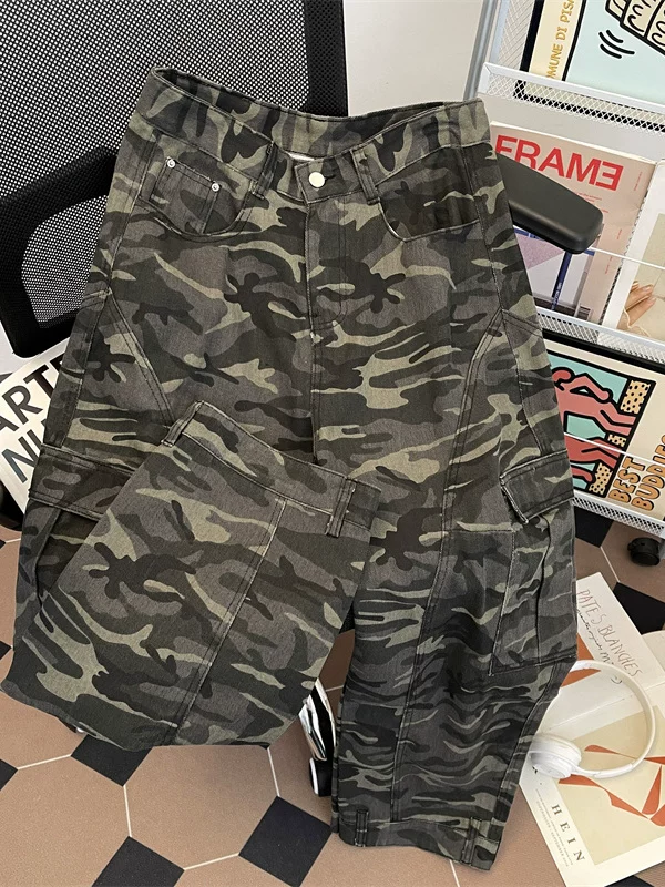 Quần jean kiểu Mỹ họa tiết rằn ri unisex nhiều túi, thiết kế phá cách, ống rộng, quần công sở ống thẳng thời trang