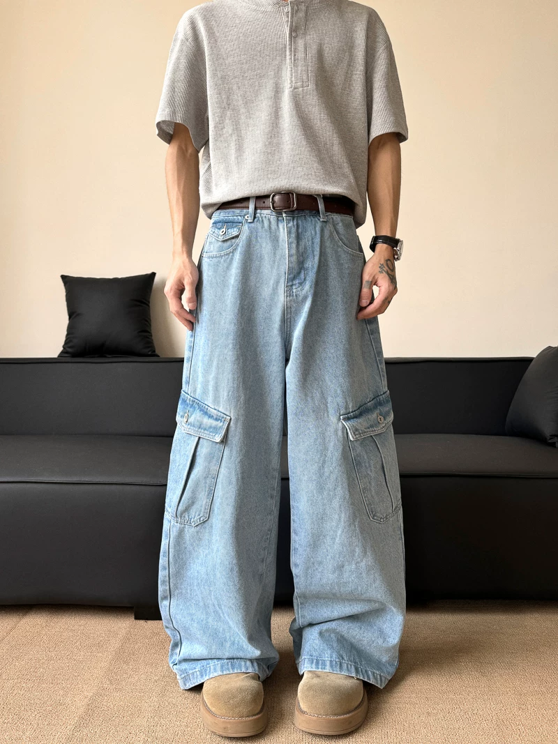 Quần jean ống rộng mỏng mùa hè dành cho nam, có túi lớn, quần công sở ống rộng, quần dài chạm sàn phong cách Mỹ thời thượng dành cho cặp đôi.