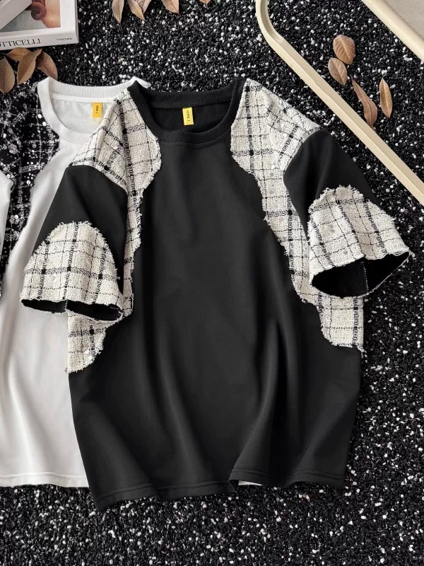 Áo thun ngắn tay kiểu chắp vá phong cách Chanel dành cho nam, thiết kế rộng rãi mùa hè, áo thun nửa tay, mát mẻ và sành điệu, áo cổ tròn giả hai mảnh.