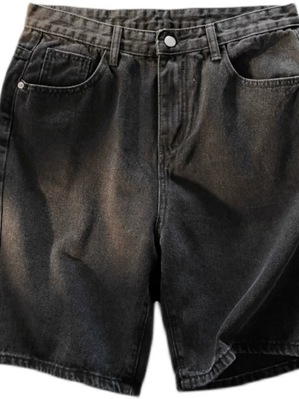 Quần short denim màu trơn cho nam, phong cách Harajuku, quần lửng rộng rãi thoải mái, quần short ống thẳng đa năng hợp thời trang mùa hè.