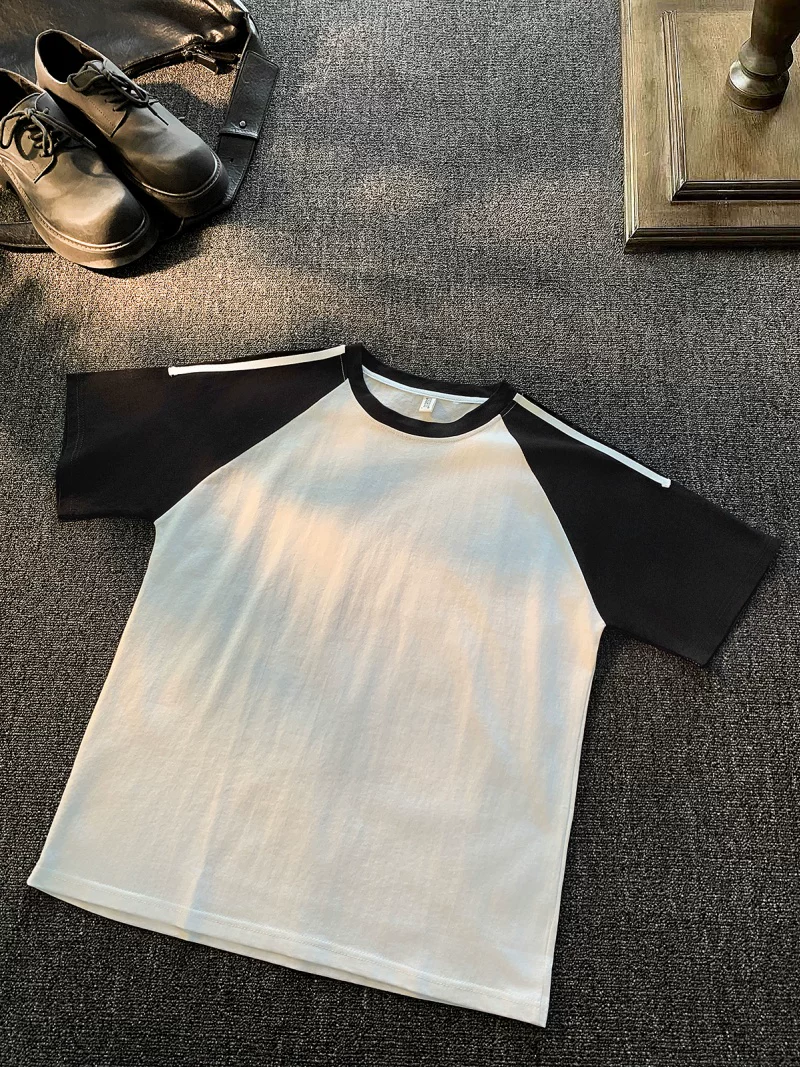 Áo thun nam tay ngắn phối màu tương phản, kiểu Mỹ cổ điển mùa hè, chất liệu cotton nguyên chất, áo thun tay lửng thời trang, thương hiệu nổi tiếng, kiểu dáng rộng rãi thoải mái.