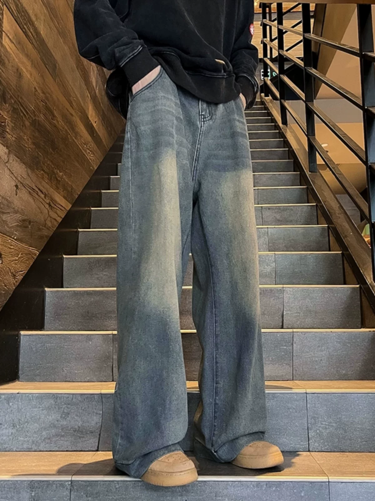 Quần jean retro Mỹ dành cho nam, thương hiệu thời thượng, quần dài chạm đất kiểu dáng suông, quần ống rộng vintage thoải mái mùa xuân thu.