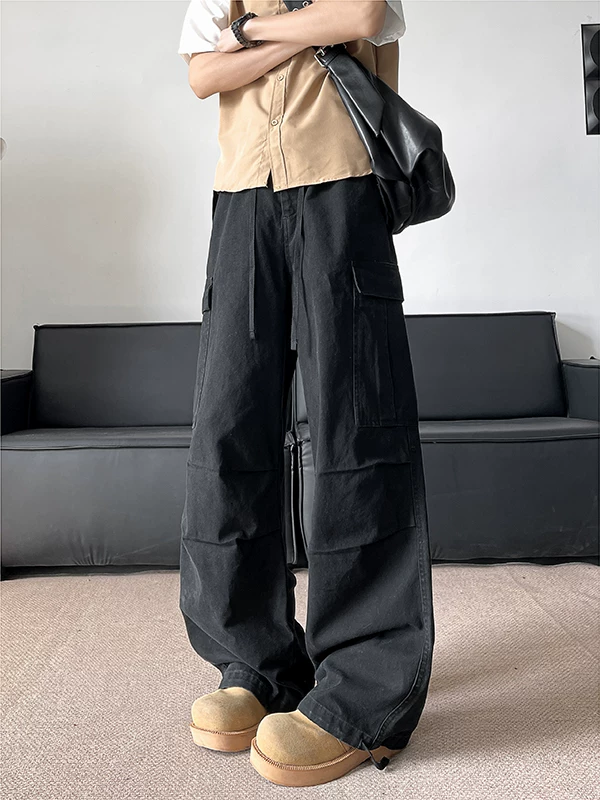 Quần jean workwear kiểu Mỹ cổ điển dành cho nam, quần dù ống rộng thoải mái mùa hè, quần casual xếp ly đa năng thời thượng.